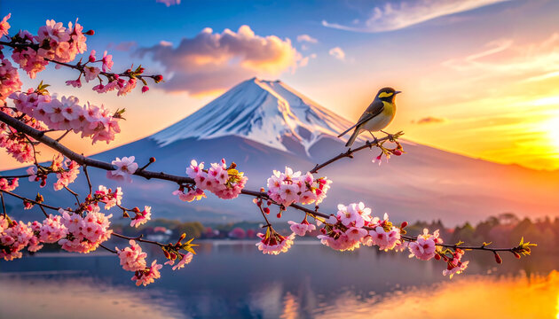 Mount Fuji and Cherry Blossoms with Bird at Sunset over Lake