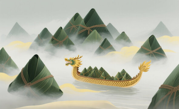 Light Color Chinese Style Golden Dragon Boat Illustration, Foggy Valley Full of Triangle Zongzi Rice Dumplings