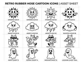 Obraz premium Retro Rubber Hose Style Cartoon Asset Sheet with Vintage Sun, Cloud, Fox, and Ghost Icons