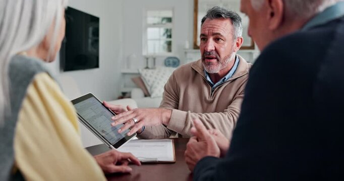 Meeting, old couple or agent on tablet in home for medicare options, long term care or help. Talk, senior clients or mature insurance broker with app screen for plan review, explain policy or advice