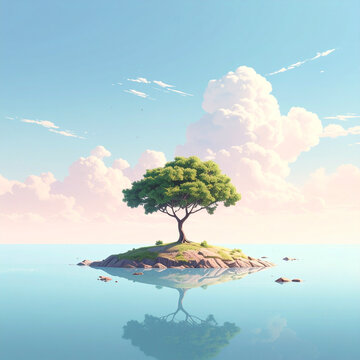 Solitary tree on a small island in calm water with sky reflection