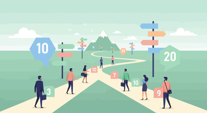 Diverse individuals navigate a winding path towards a distant mountain, making choices at various intersections marked by directional signs and numerical indicators, symbolizing career or life