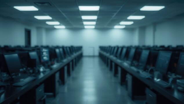Empty computer lab with abstract blurred rows of PCs and copy space