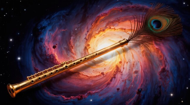 Golden flute with peacock feather, against colorful cosmic nebula, bright stars in deep space. Abstract background for music fantasy art, luxury, ethereal themes, and celestial dreams.