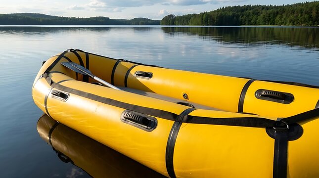 Yellow inflatable packraft boat floating on a calm lake illustration