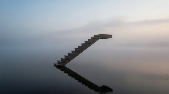 Staircase emerges from foggy water at dawn. Stpic disappear into mist under cloudy sky. Minimalist scene reflects light on calm surface. Moody, atmospheric composition invites contemplation of