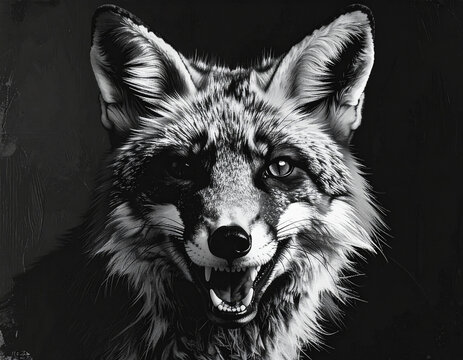 Black and white fox portrait with intense expression