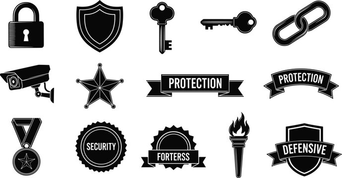 Security Protection Vector Set with Padlock Shield Key CCTV Camera and Defensive Badges