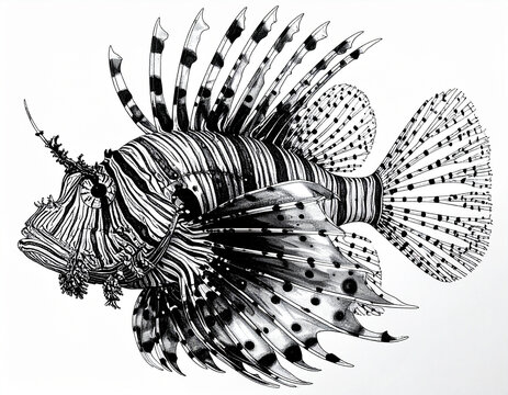 Black and white illustration of a detailed lionfish