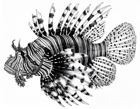 Black and white ink illustration of a lionfish