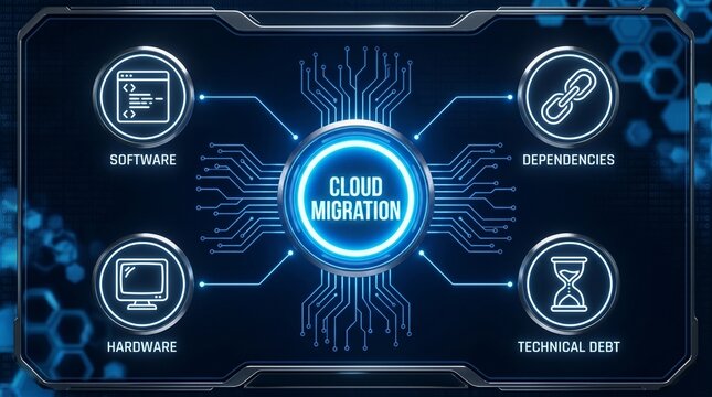 The futuristic dashboard with circular hub and motherboard icons illustrating technical debt and cloud migration from legacy systems