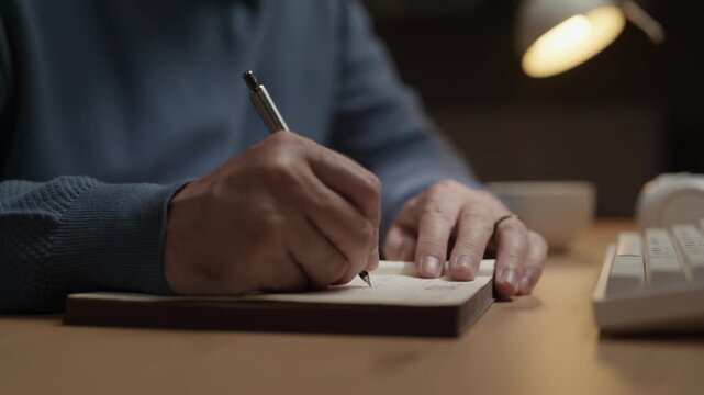 Man takes notes in diary and enters data into computer. Close-up