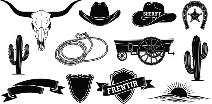 Western Frontier Vector Set with Longhorn Skull Cowboy Hats Horseshoe Wagon Lasso and Cactus Icons