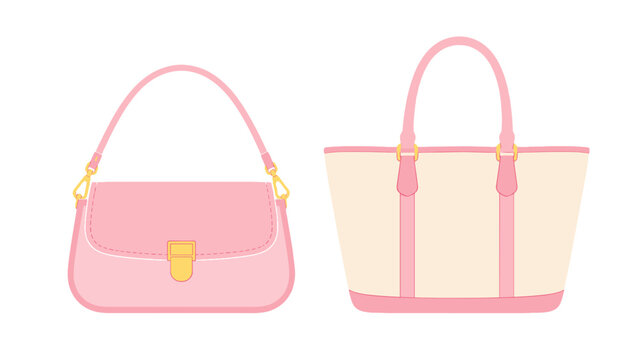Pink handbag and cream tote bag vector illustration set