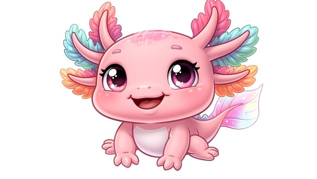 Adorable pink axolotl cartoon character with colorful gills and friendly expression, isolated on white background.