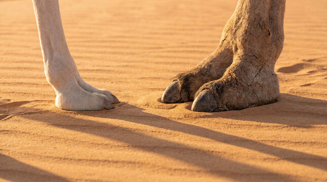 Camel feet casting long shadows on golden desert sand in warm sunlight