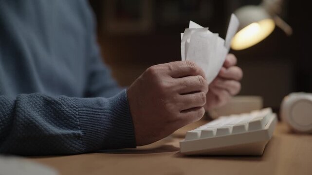Man with pay check enters data into computer, keeps records and calculates expenses. Close-up