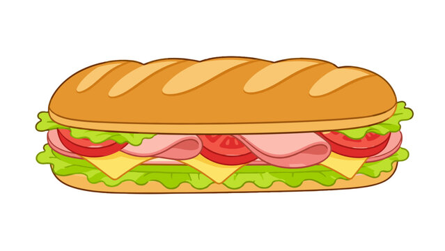 Cartoon baguette sandwich with ham cheese lettuce and tomato