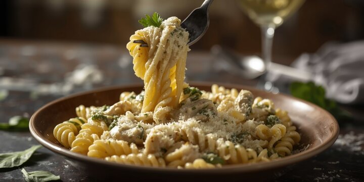 Homemade rotini pasta with chicken and spinach Alfredo sauce photographed from a low angle
