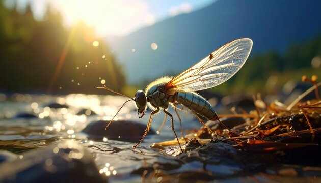 Mayfly Insect Emerges From Nymphal Skin Near Flowing River at Golden Hour