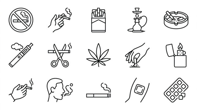  Smoking cessation and public health awareness icon vector set with minimalist black line art tobacco and vaping elements