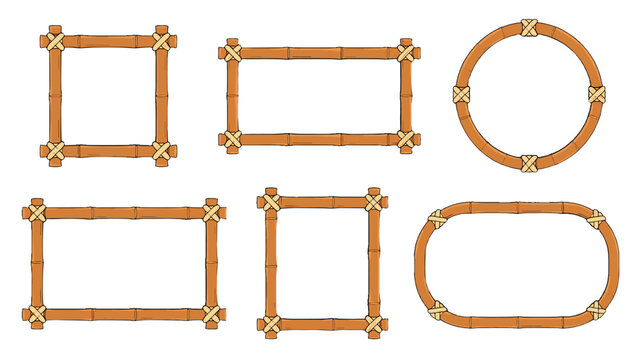 Set of bamboo frame borders with square round and rectangle shapes