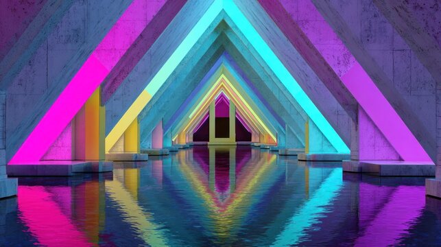 Repeating triangular concrete structure illuminates a pool of water with vibrant neon colors creating a symmetrical reflection.