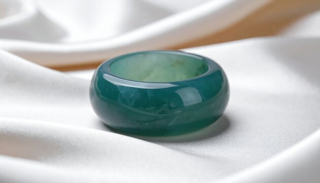 Polished Deep Green Jadeite Ring on White Satin Surface, Exquisite Gemstone Jewelry.