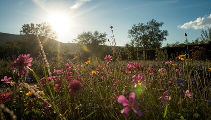 Obraz premium Sunlit colorful flower garden flourishing amid rich green landscape and open airy sky