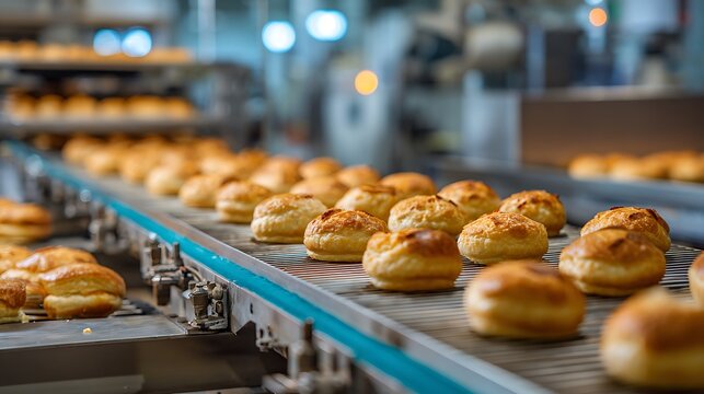 Industrial production of fresh bakery buns on a factory conveyor belt.