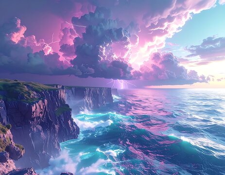 A serene coastal landscape with a cliffside and ocean under a vibrant, stormy sky