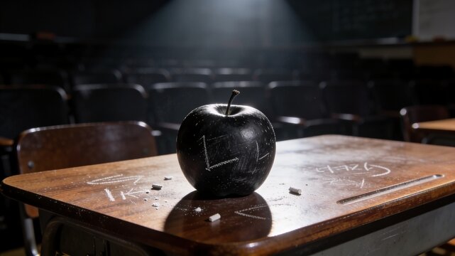 A symbolic black apple rests on a scratched wooden desk with chalk drawings inside an empty, dimly lit classroom, conveying a dramatic World Teacher's Day concept.
