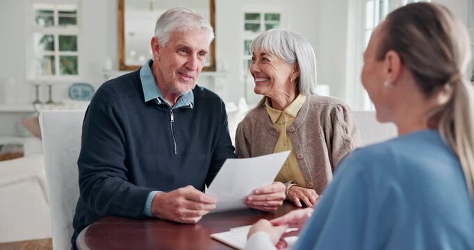 Senior, handshake or happy couple with nurse for deal, contract or healthcare plan in home. Elderly, man and woman shaking hands with caregiver or documents for legal agreement or life insurance