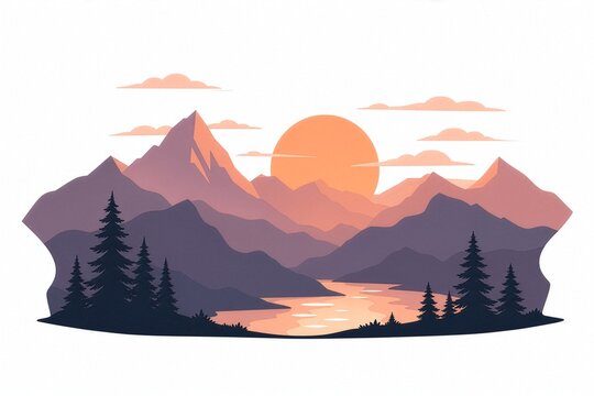 Minimalist mountain landscape vector with river and pine trees on white background