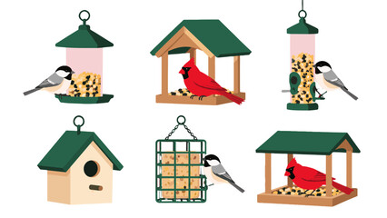 Winter bird feeders with cardinal and chickadee vector set © Alan