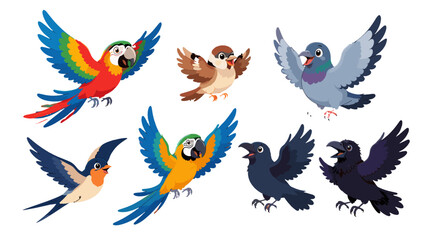 Obraz premium Set of colorful cartoon birds with wings spread in flight