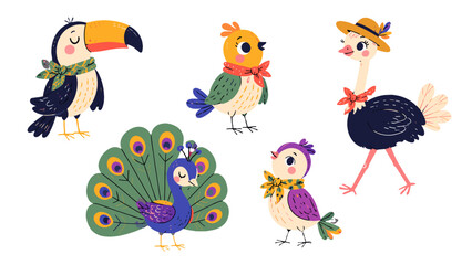Obraz premium Whimsical hand drawn tropical bird characters set
