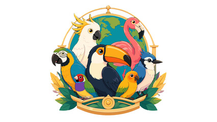 Obraz premium Colorful tropical bird emblem with globe and leaf frame
