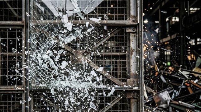 Sharp glass fragments exploding outward from a metal structure with intense force and destructive energy