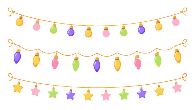 Colorful festive string light garland set with bulbs and stars