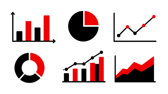 Black and red chart and graph icon set on white background