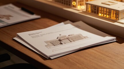 Obraz premium Architectural drawings and model sit on a wood desk. Soft gold bokeh lights blur the background. Papers show building plans. Construction project concept.
