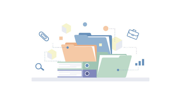 Assorted office folders and binders on desk surface with floating briefcase, paperclip, magnifying glass, and bar chart icons for business workflow.