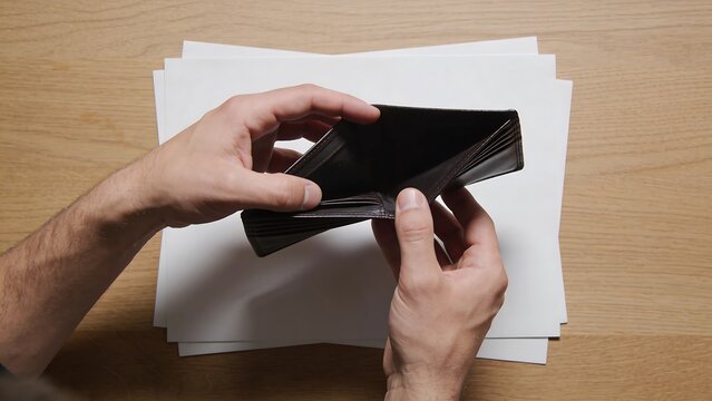 Man's Hands Holding Empty Leather Wallet Over Wooden Desk