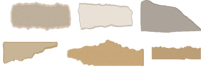 Fototapeta premium Torn paper pieces with ripped edges, vector set, kraft paper scraps, neutral cardboard fragments, and realistic textured elements. Hand drawn paper rip tear sheet piece edge white texture.