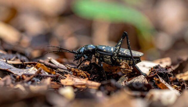 Black Beetle Navigating Leaf Litter in Forest Floor Macro