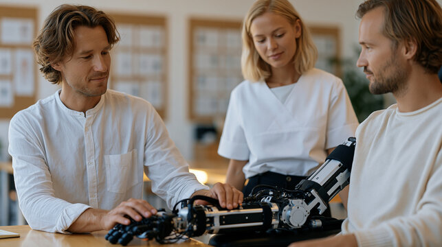 Rehabilitation engineer and occupational therapist coaching a spinal cord injury patient using a brain-computer interface to operate a robotic arm, neuro-rehabilitation suite
