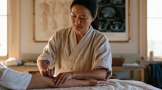 Acupuncturist in a sunlit integrative medicine clinic carefully placing needles along a patient's forearm, framed anatomy charts on the wall mixing classical meridian diagrams