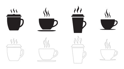 Fototapeta premium Set of coffee mug and cup icons with steam in solid and outline style on transparent grid.