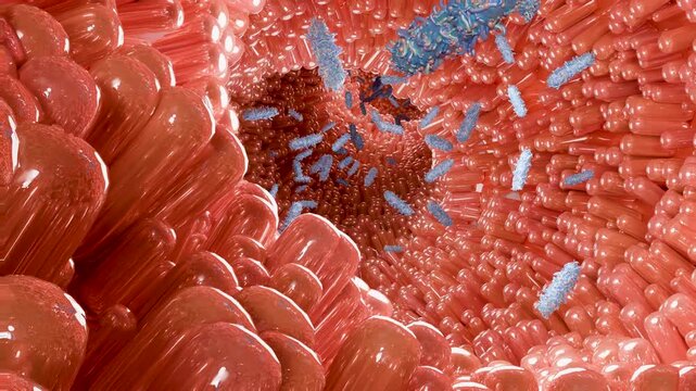Bacteria Moving Between Intestinal Microvilli, Gut Microbiota and Absorption Process, Probiotic Microorganisms Traveling Through the Digestive System, 3d render